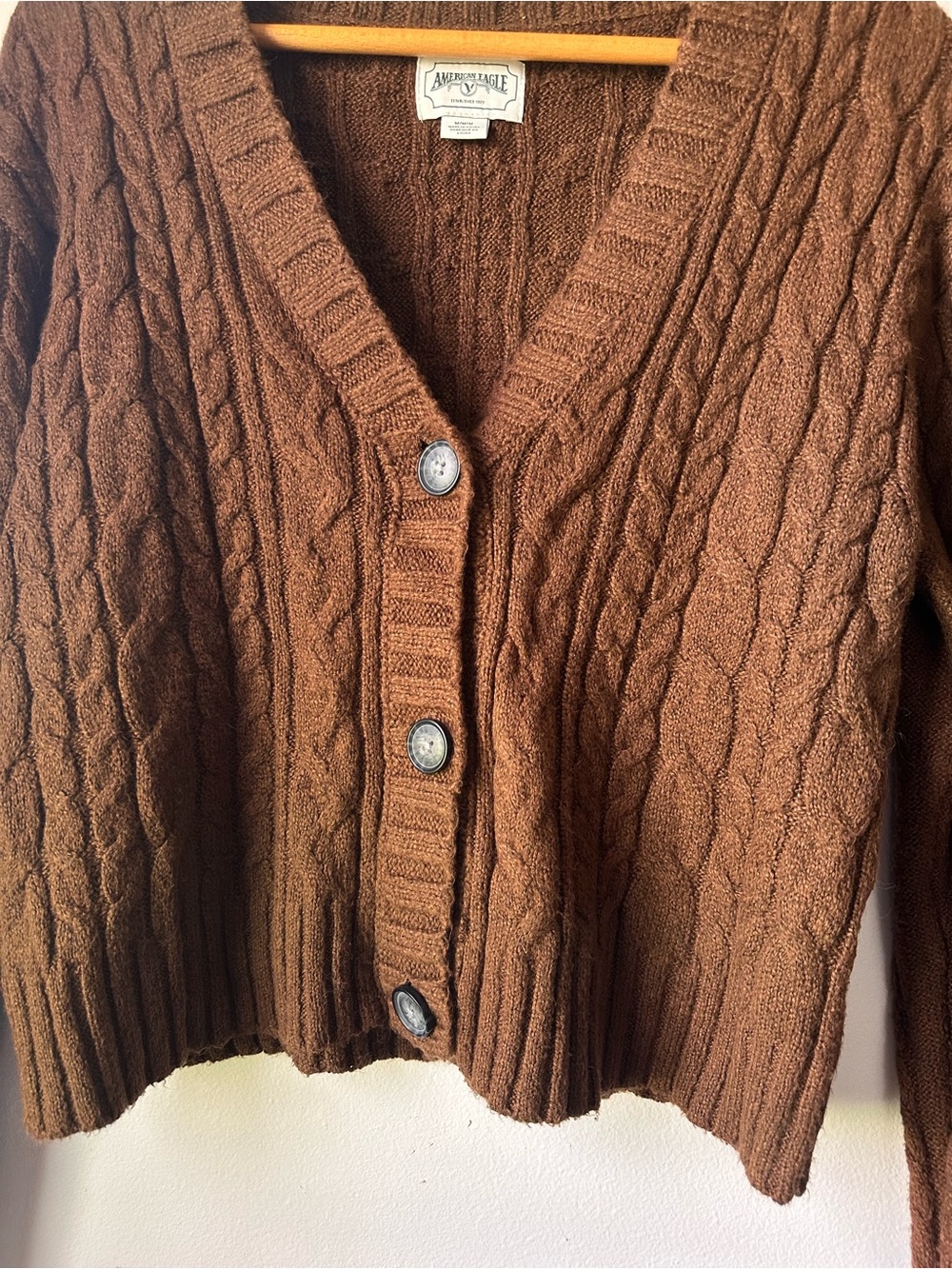 American Eagle Outfitters Brown Cable Knit V-Neck Button Cardigan - Picture 5 of 10